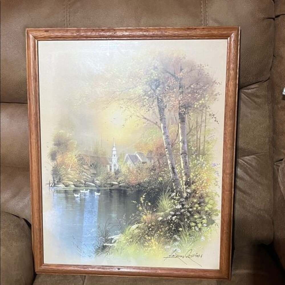 Vintage Andres Orpinas signed  “Church Pond Swan" Litho Print Art Custom Framed